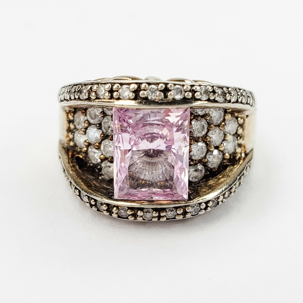 Sterling Silver 925 Pink Sapphire and Clear Cubic Zirconia Cocktail Ring Size 9